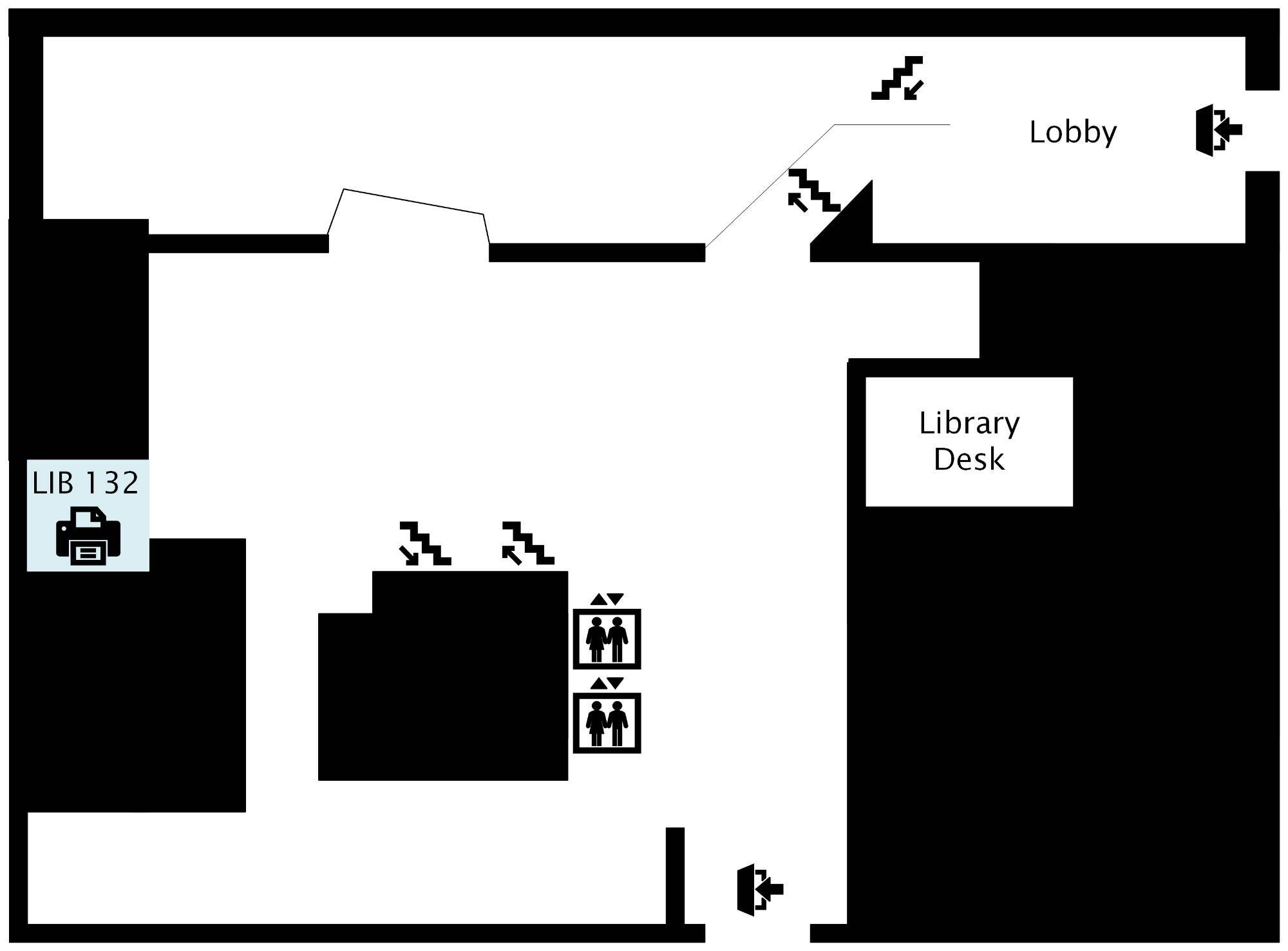 A map of the first floor of Mary Idema Pew Library, indicating a printer with print, copy, and scanning capabilities is available in LIB 132